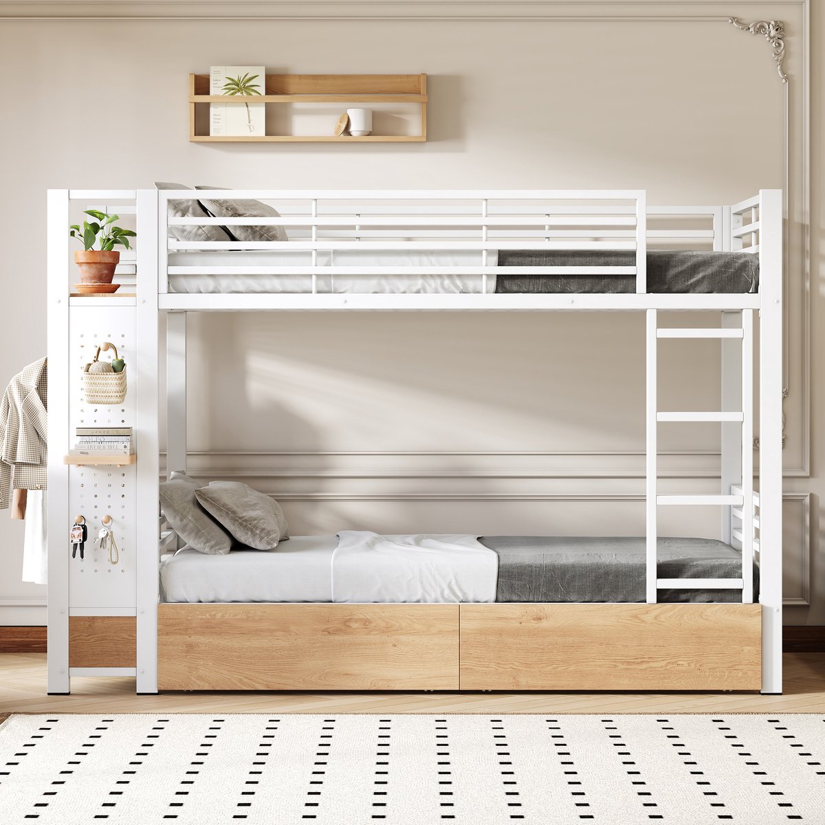VVBV Stapelbed 90x200 – Metalen Stapelbed met Opbergruimte, 4 Lades, Kledingkast, Trap, Uitvalbeveiliging en LED-Verlichting – Houtlook – Wit