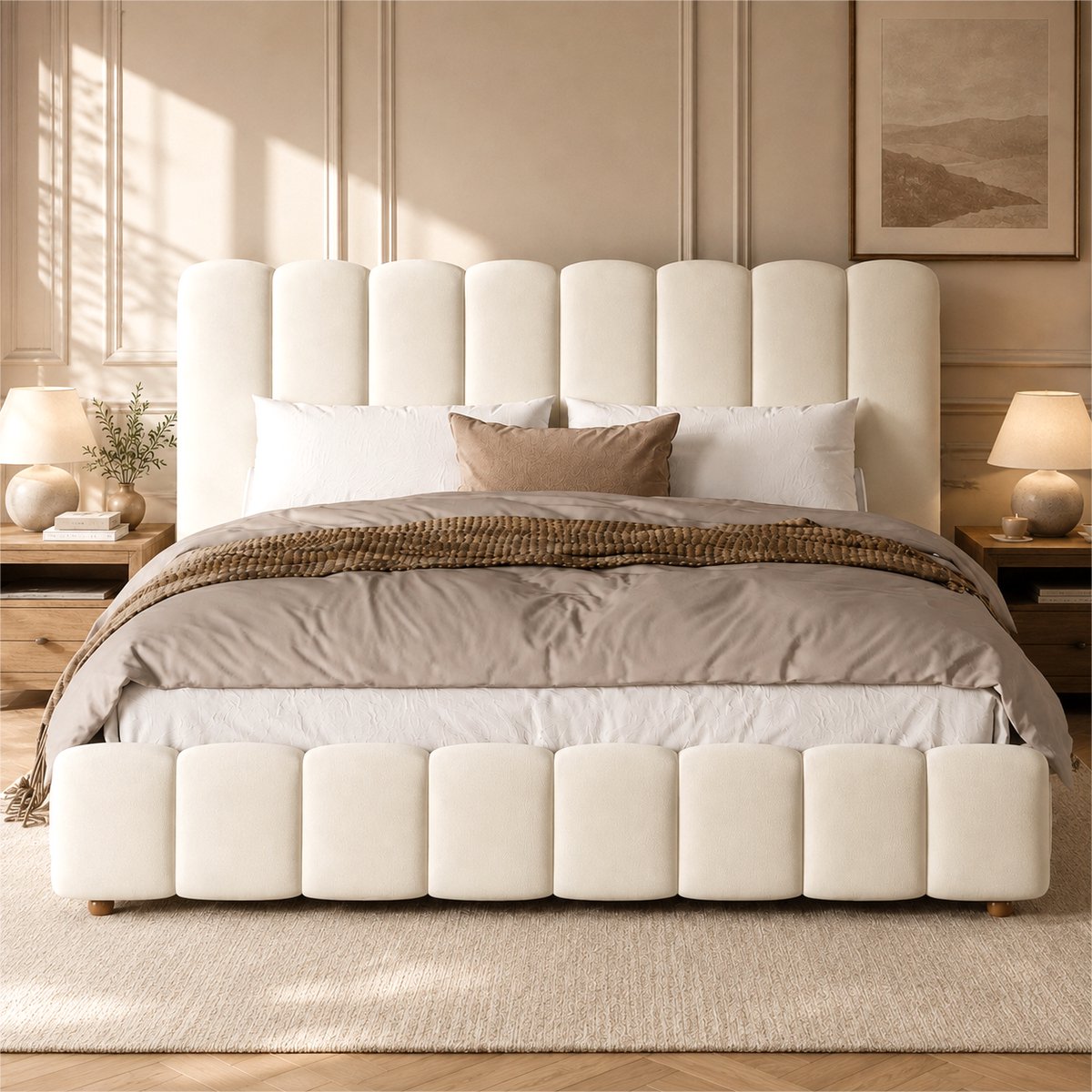 VVBV Bed met Opbergruimte 160x200 – Gestoffeerd Tweepersoonsbed van Fluweel met Hydraulische Opbergruimte, Lattenbodem en Opberghoofdbord – Beige