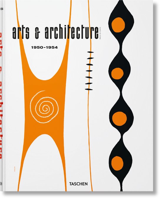 Boek 'Arts & Architecture 1950-1954' met oranje en zwarte abstracte grafische ontwerpen. TASCHEN logo onderaan.