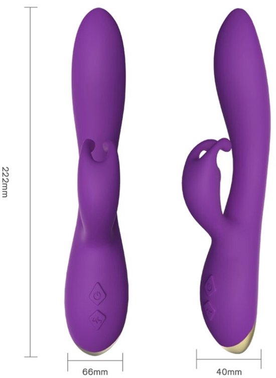 Vibrateur violet avec oreilles de lapin, dimensions 222mm x 66mm, largeur 40mm.