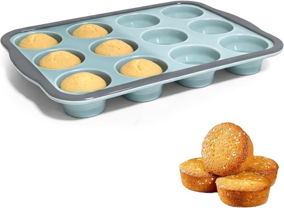 PolkaHome 12-delige siliconen muffinbakvorm met metalen frame, anti-aanbaklaag, BPA-vrij