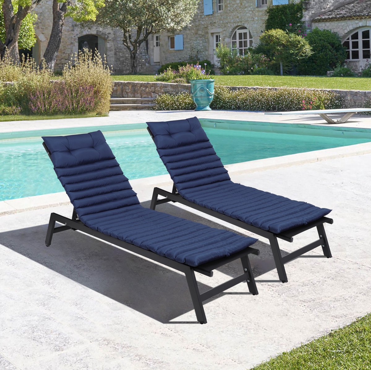 Wishdor Ligbedkussen - 2-delige set - Polyester met zachte schuimvulling en bevestigingsbanden - Outdoor design - Tuin balkon terras - Blauw - 193 x 60 cm