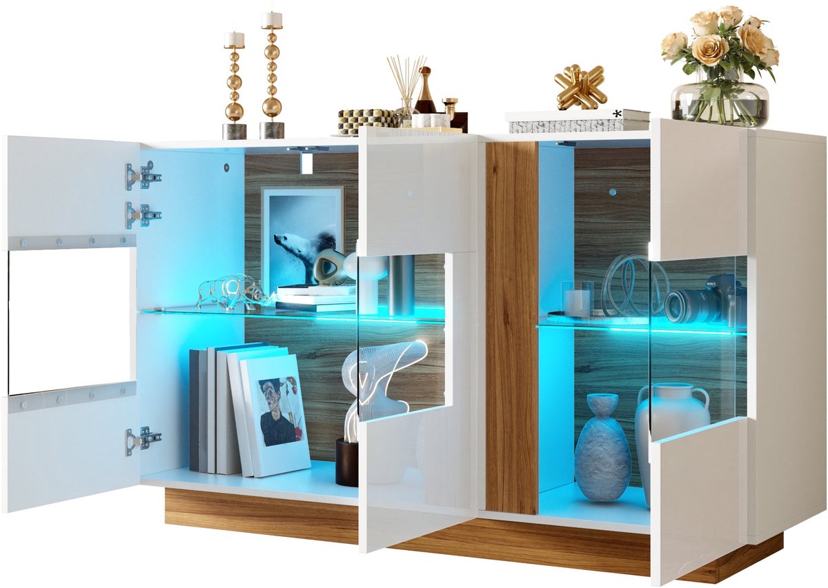 Merax Dressoir - Wit en naturel - 120 x 38 x 80 cm - 3 deuren van acryl - 2 opbergvakken - Dimbare sfeerverlichting - Opbergkast voor woonkamer