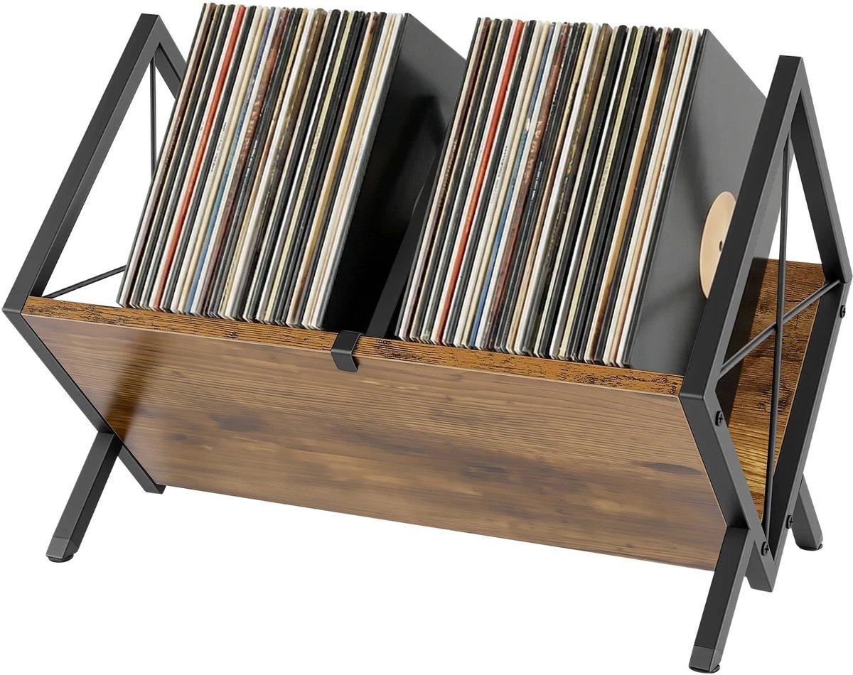 Novyro Living - vinylplatenhouder - LP opbergrek - bruin / zwart - retro - boekenplank - voor 80 LP's - muziek accessoires