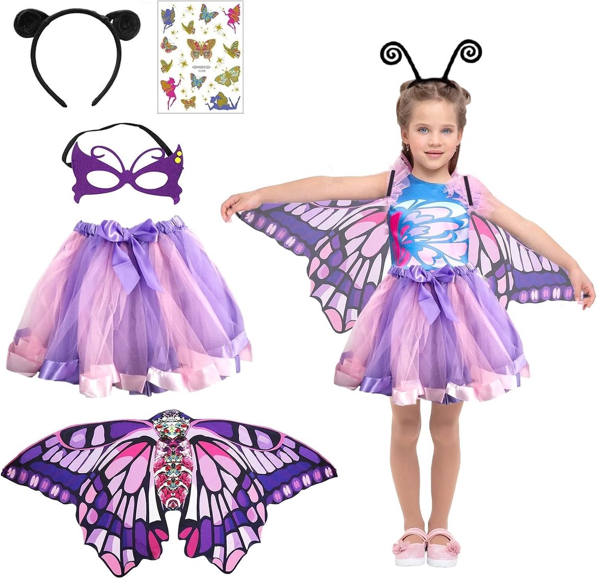 Set van 5 kinderkostuums met vlinder thema, inclusief vleugels, tutu, haarband, masker en tattoos voor carnaval en cosplay.