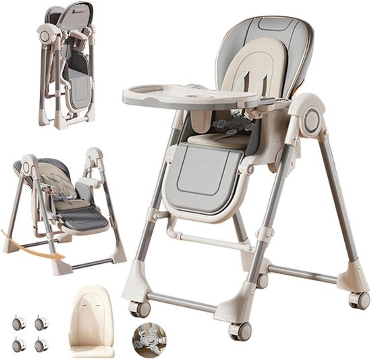 Kinderstoel - Eetstoel Baby - Veilig Eten - Afneembare Dubbele Tray - 80 x 63 x 105 cm - Grijs