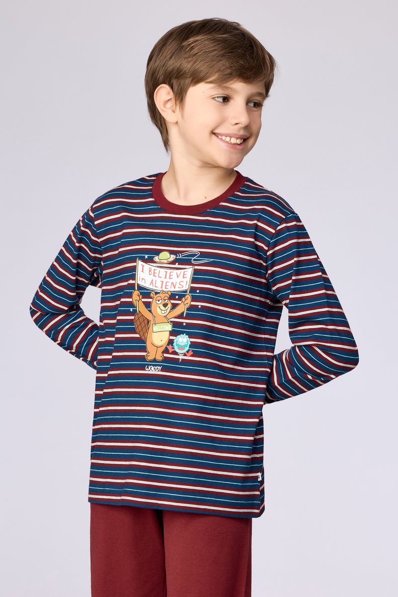 Woody Jongens-Heren pyjama donkerblauwe streep - maat 140/10J