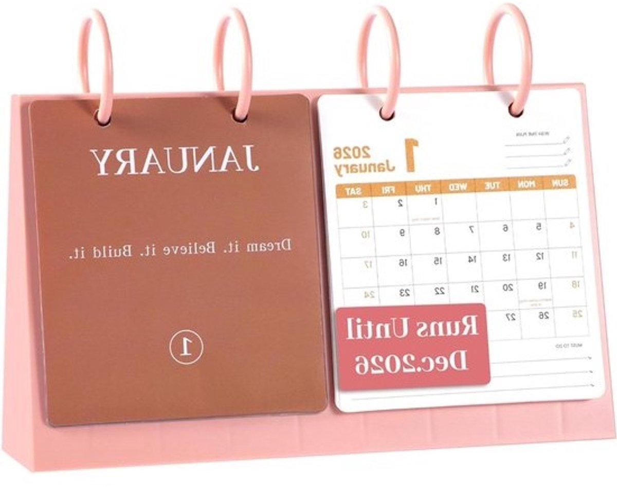 Bureaukalender 2025-2026 - Maandelijkse Kalender Flip - Bureau Planning - Motiverende Citaten - 254 cm - Roze