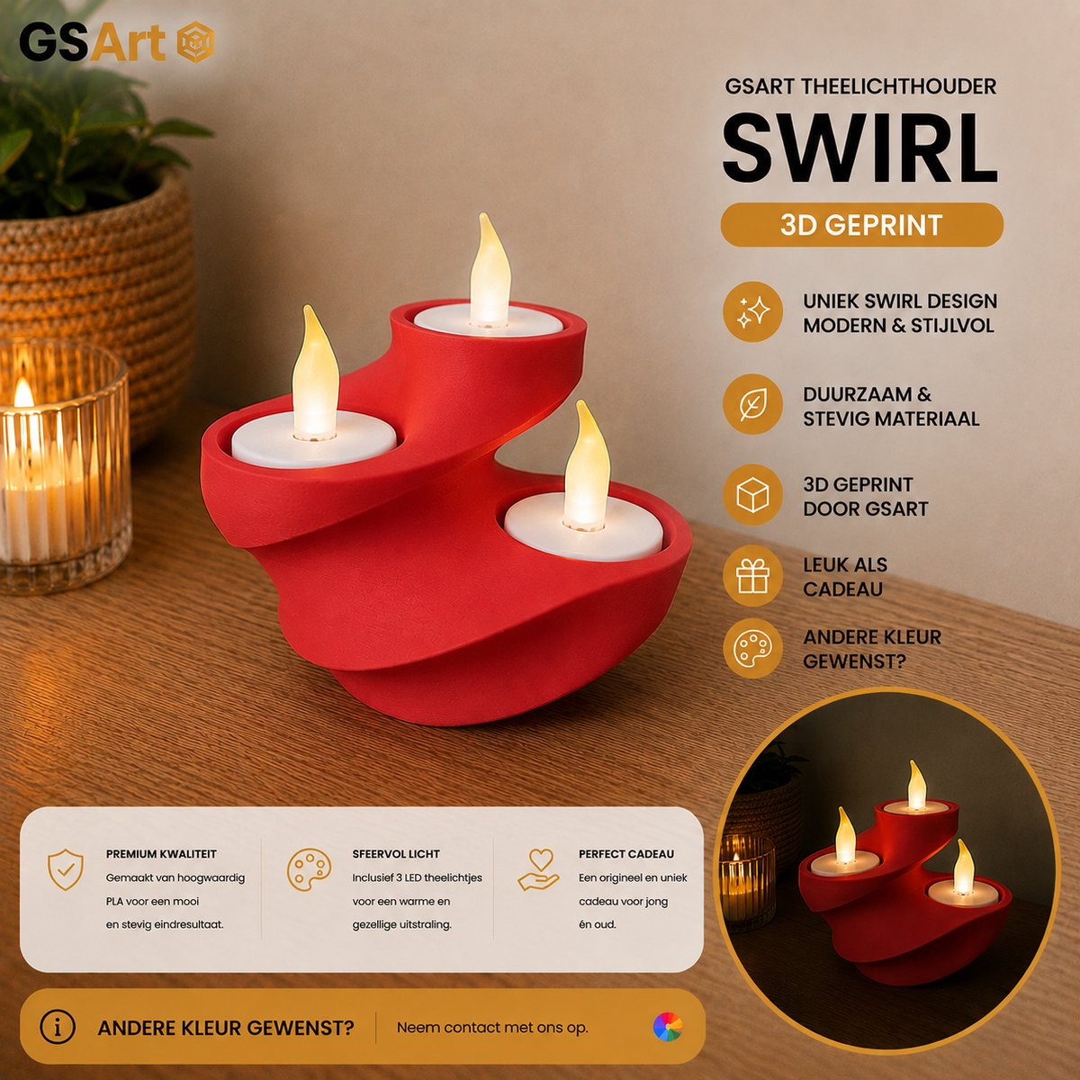 GSArt Theelichthouder Swirl – 3D Geprint – Inclusief 3 LED Theelichtjes - Mat Rood
