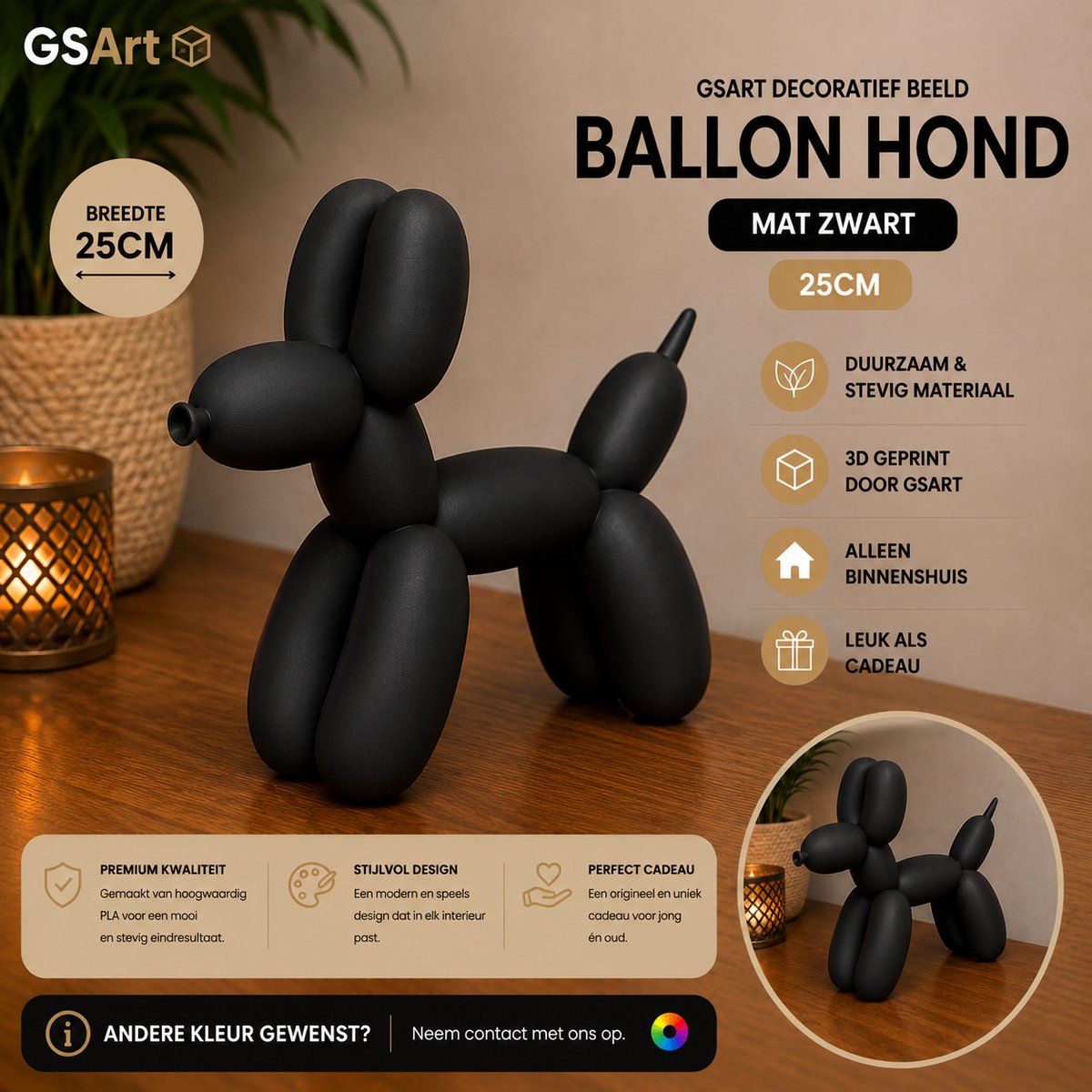 GSArt Decoratief Beeld Ballon Hond – 3D Geprint – Moderne Woondecoratie - 25cm Mat Zwart