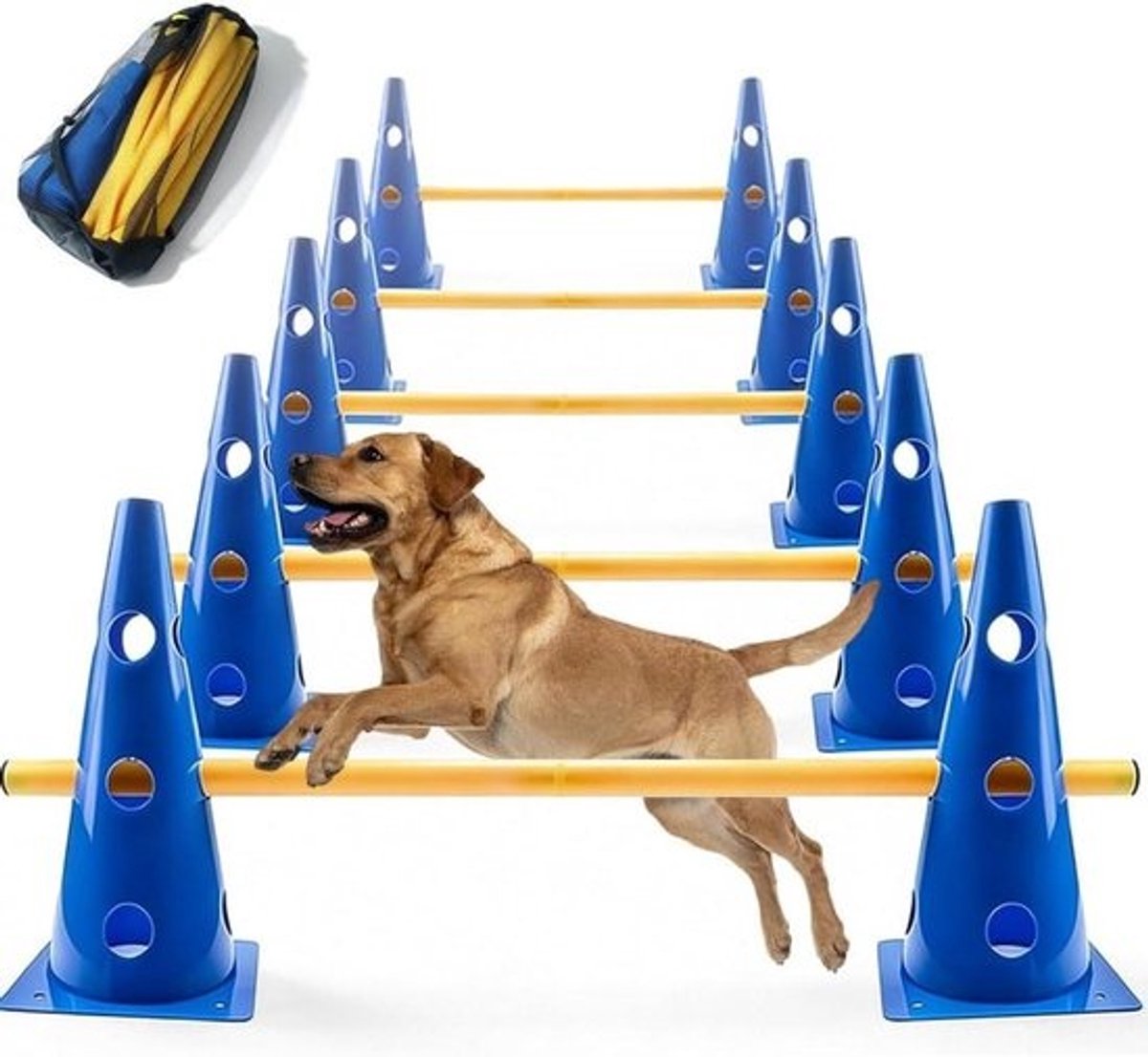Behendigheidset Honden - Cavaletti Set - Training en Beweging - Flexibele Hoogte-instelling - 10 Kegels 5 Stangen - Blauw Geel