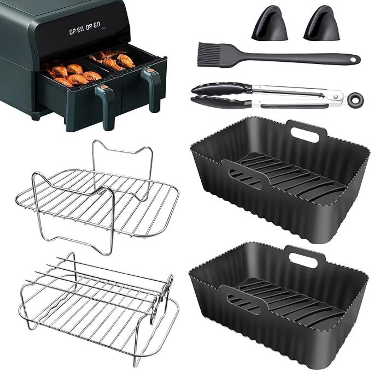 PolkaHome Heteluchtfriteuse Accessoireset voor Ninja Foodi Dual Zone Air Fryer - Siliconen Bakjes, Roosters, Spiesen, Kwast, Tang en Handschoenen