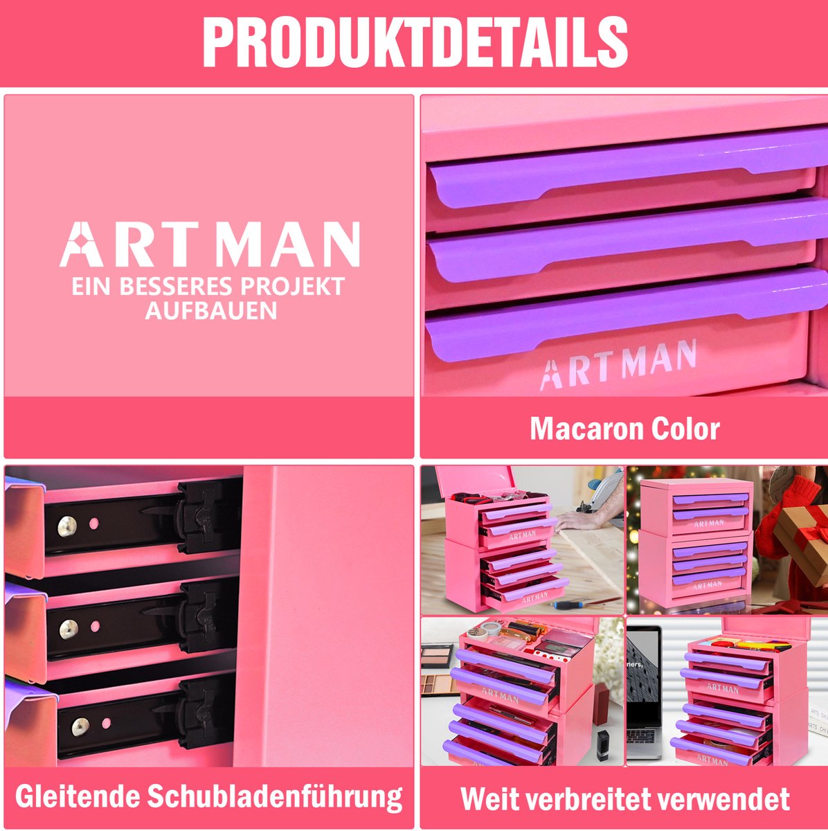 MODFU-Deskopbergkast-5 Laden-Stapelbaar-Staal-Paars-Roze-36x24x39 Cm