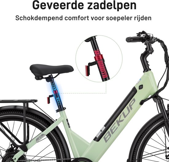 Elektrische stadsfiets - 26 inch lage instap - 522Wh lange actieradius accu - 250W achterwielmotor - 45Nm koppel - Shimano 7 versnellingen - Schijfremmen voor en achter - LCD-display - Geveerde zadelpen - groen — afbeelding 5