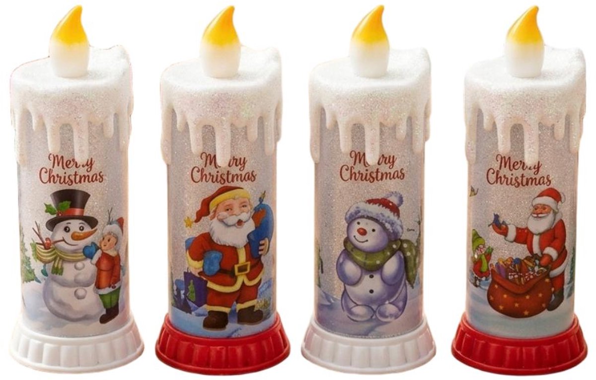 LED Kerstkaarsen – Kerstdecoratie met Wisselend Kleurenlicht – Kerstman, Kerstman met Kind, Sneeuwpop & Sneeuwpop met Kind – Kunststof – 6,3 x 6,3 x 16,5 cm – 4 Stuks