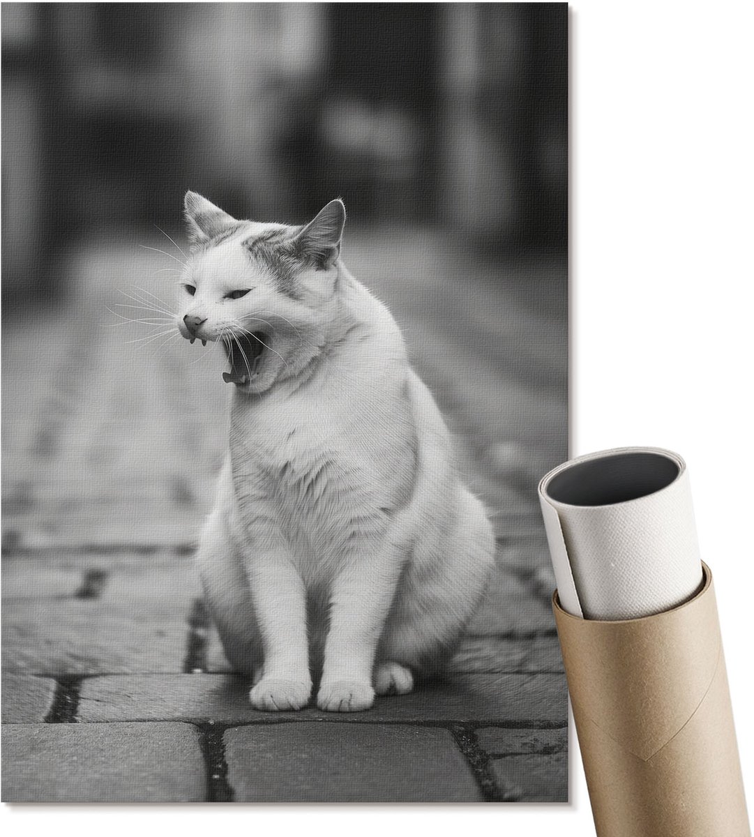 Coloray Polycanvas Poster - Gapende Kat, Fotografie - A4 - Zwart-wit Wandposter - Rechthoek - Kunstposter - Woonkamer, Slaapkamer, Kantoor - Klassiek