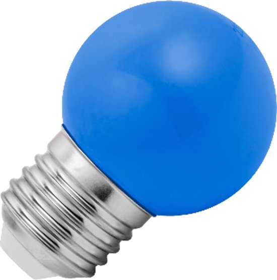 Kleine ronde blauwe led-kogellamp met E27-fitting, 45 mm diameter.