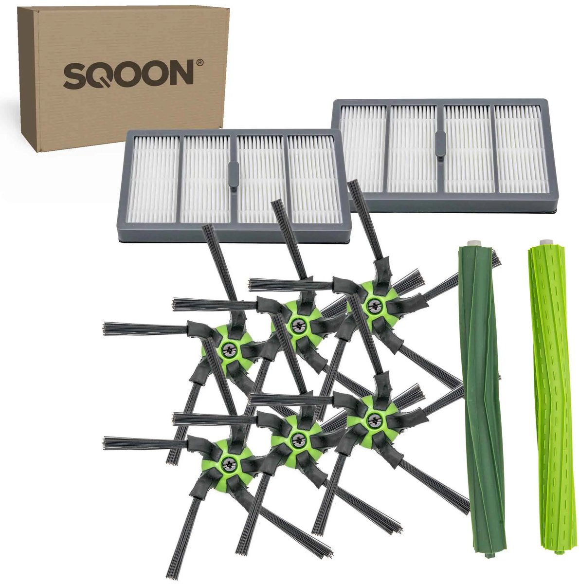SQOON vervangingsset geschikt voor iRobot Roomba S9 / S9+ - 9-delige onderhoudskit met HEPA-filters, zijborstels en borstelrol Groen