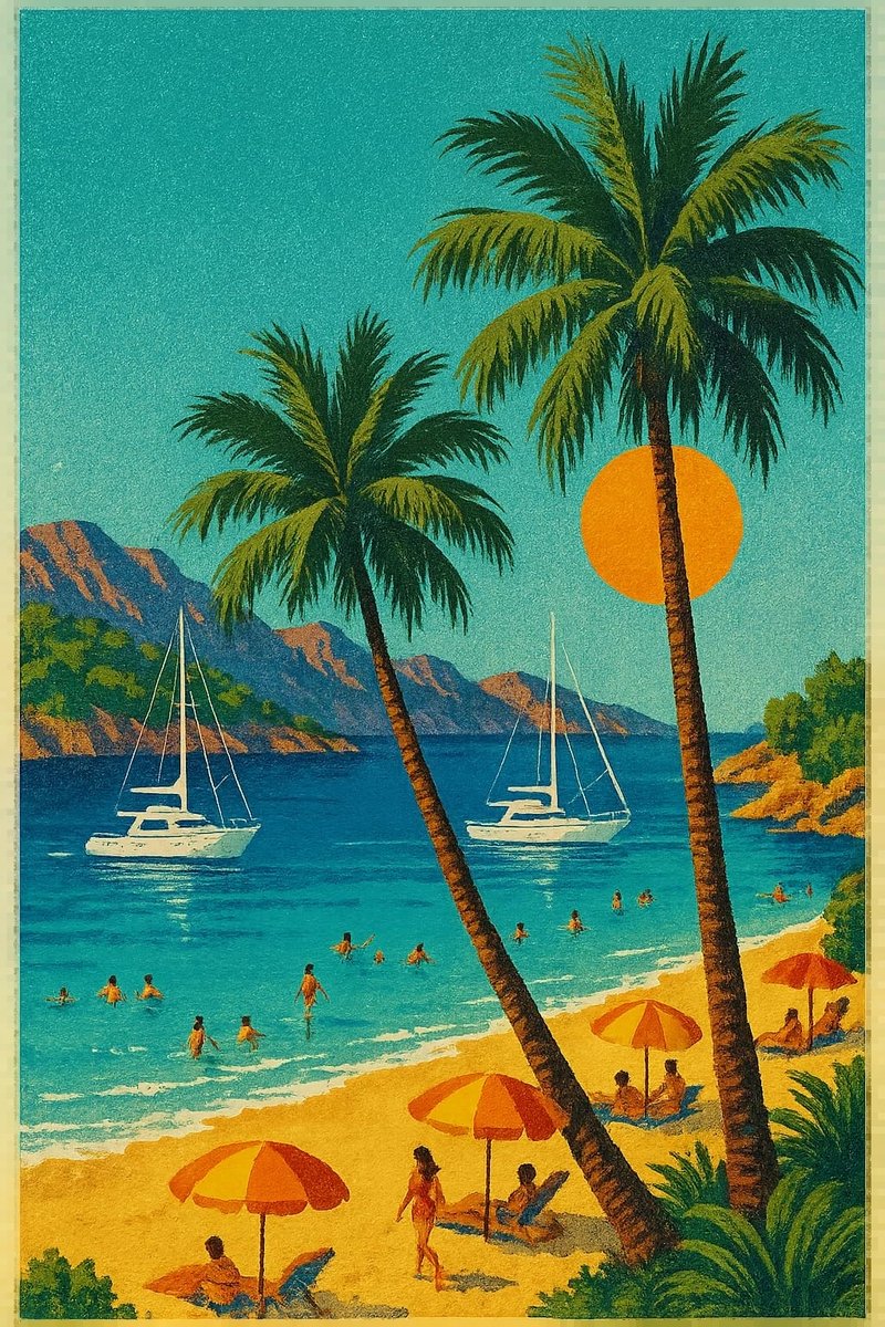 Tropisch Strand Poster - Natuur Posters - Vintage - Zomer - Vakantie - Wanddecoratie Woonkamer - 180 gram papier - 6702WV - Formaat 60 x 90cm