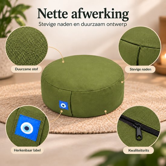 Detailweergave van de afwerking: duurzame stof, stevige naden, kwaliteitsrits en een blauw oog-label op het kussen.