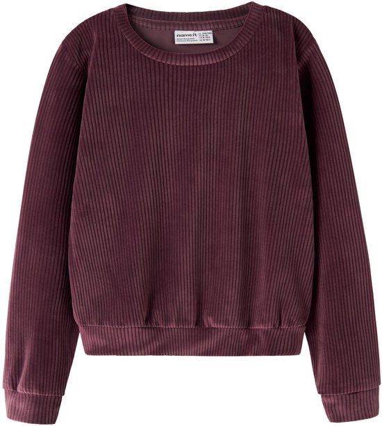 Bordeauxrode velours trui met ronde hals, geribbelde textuur en label met merknaam Name it in de nek.