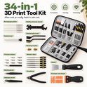 34-delige 3D-print gereedschapset inclusief opbergetui, vijlen, tangen, schrapers en reinigingsbenodigdheden.