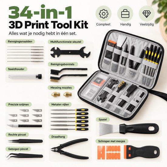 34-delige 3D-print gereedschapset inclusief opbergetui, vijlen, tangen, schrapers en reinigingsbenodigdheden.