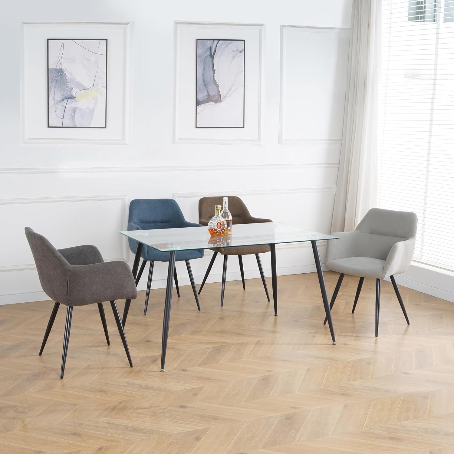 Ergonomische Eetkamerstoelen met Armleuningen Set van 2 Grijs – Gestoffeerde Linnen Stoelen met Zwarte Metalen Poten, Comfortabele Keukenstoelen voor Eetkamer, Woonkamer en Vergaderruimte – 43 x 44 x 82 cm