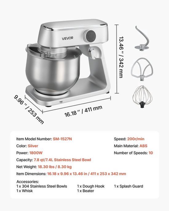 Keukenmachine Staande Mixer - 1800 W Vermogen - 7,4 L Roestvrijstalen Kom - 10 Snelheden - ABS Materiaal - Voor Bakken En Mixen — afbeelding 3