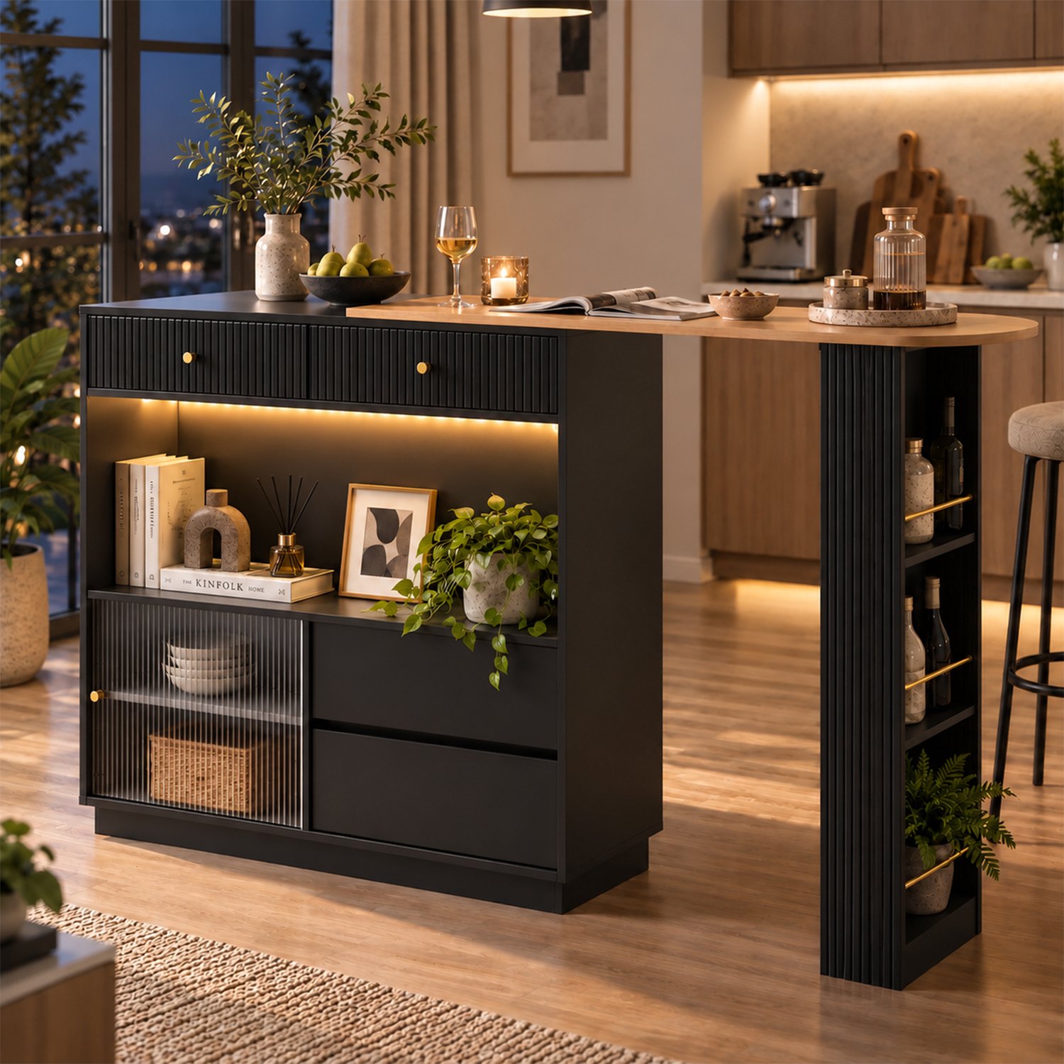 COVREO Uitschuifbare bartafel met opbergruimte – 120x30x100 cm – Draaibare statafel met LED – Keukeneiland met zijmodule – Zwart