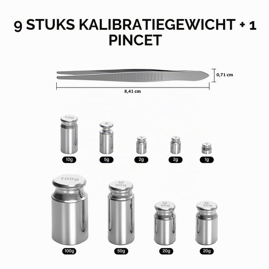 Kalibratiegewichten 210 g, 9 STKS Hoge Precisie Schaal Kalibratie Kit 1g 2g 5g 10g 20g 50g 100g RVS Pincet Gram, Mg Lab Schaal — afbeelding 2