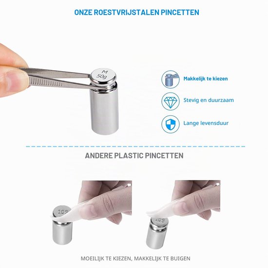 Gewicht 210 g, 9 STKS Roestvrij Staal Schaal Kalibratie Gewicht Kit, 1g 2g 5g 10g 20g 50g 100g Kalibratie met Opbergdoos, Pincet — afbeelding 3
