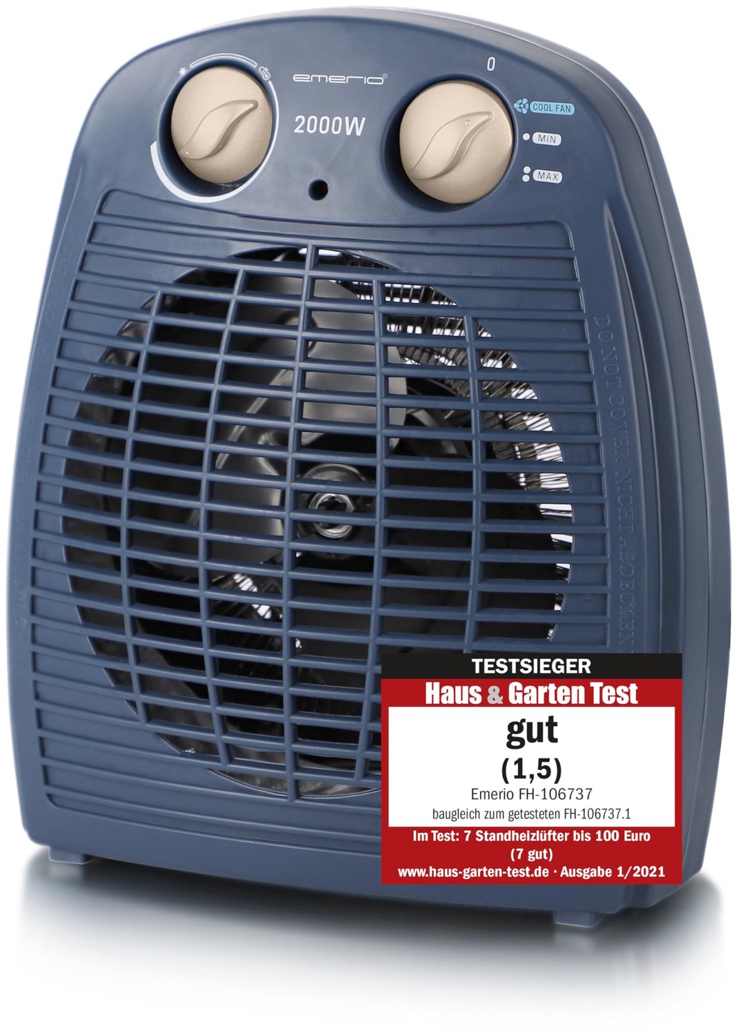 Ventilatorkachel 2000 W - Compacte en Draagbare Elektrische Kachel - 2 Warmtestanden en Ventilatorfunctie - Instelbare Thermostaat - Kantelbeveiliging - Met Handvat - Voor Ruimtes tot 25 m²