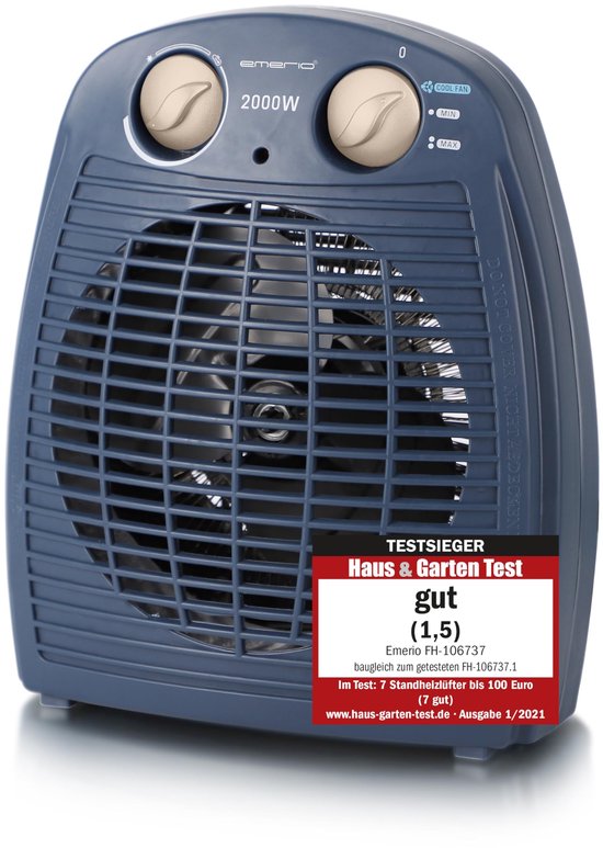 Blauwe 2000W kachel met 'Haus & Garten Test' keurmerk 'gut' en instelbare thermostaatknoppen.