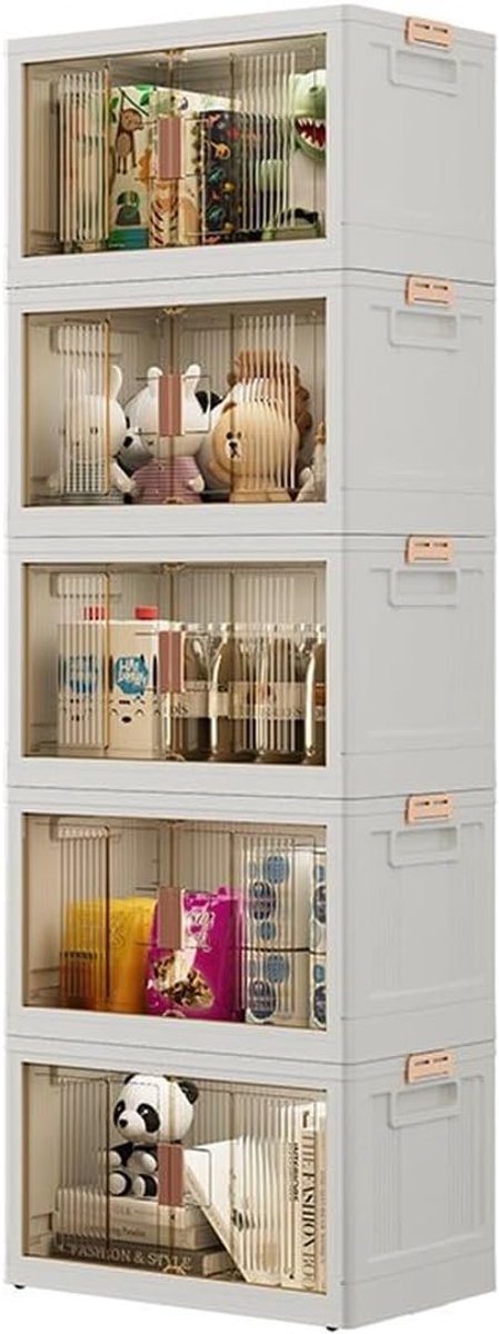 Set van 5 Wit - Opvouwbare Stapelbare Opbergdozen met Deksel en Deurtjes - 59 Liter per Box - met Wielen - voor Kledingkast, Keuken, Badkamer en Slaapkamer