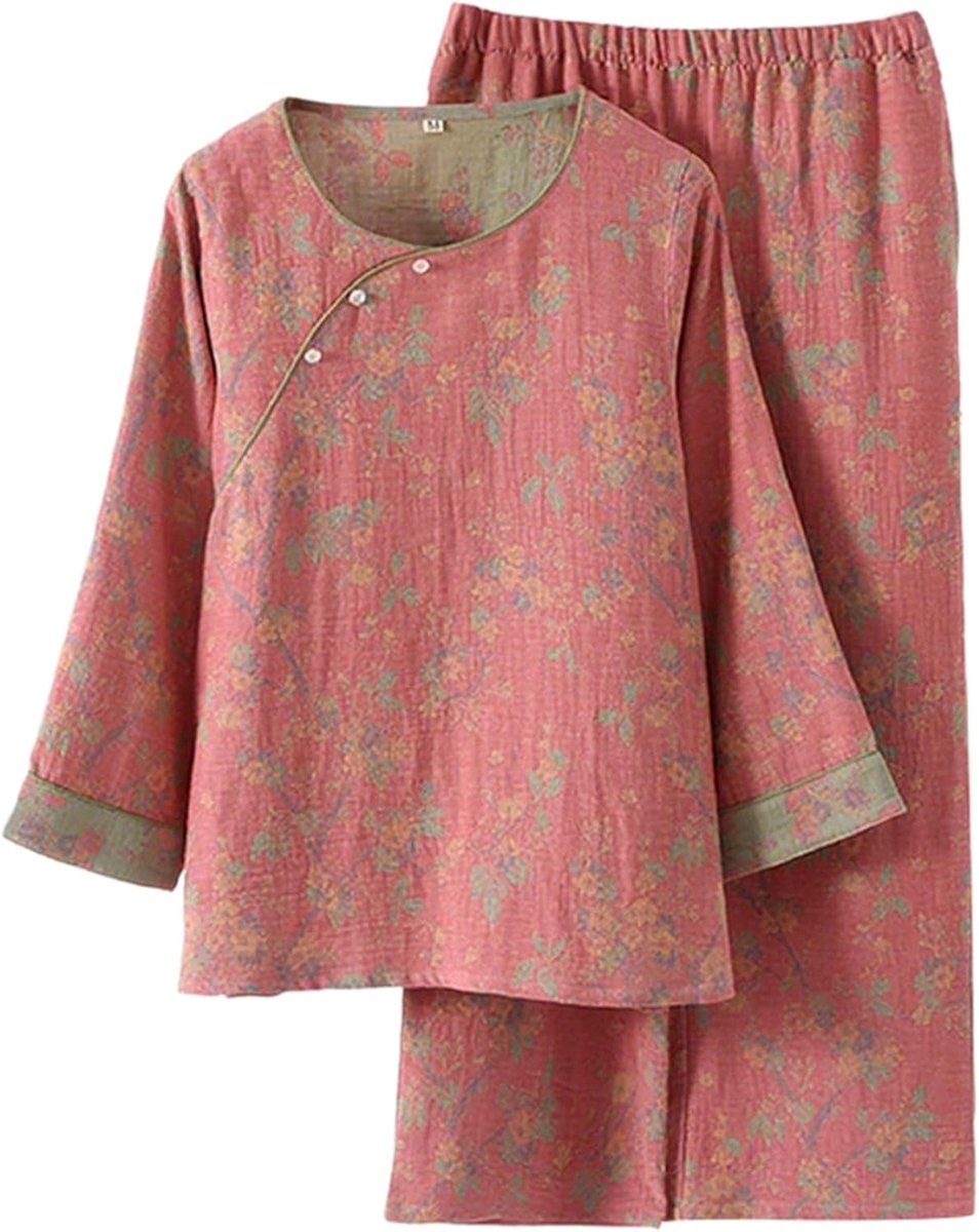Damespyjama-set van puur jacquard met 3/4-mouwen en schuine kraag