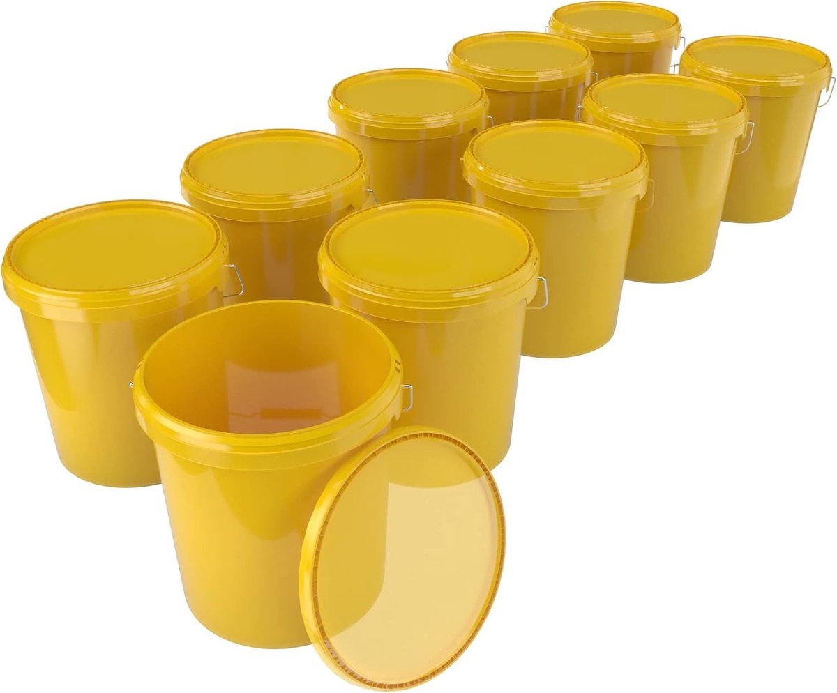 Emmer met deksel, 16 liter, luchtdicht en stabiel, geschikt voor levensmiddelen, leeg met handvat, deksel, geschikt voor levensmiddelen, chemicaliën, muurverf, waspoeder, lijm, 10 stuks, geel