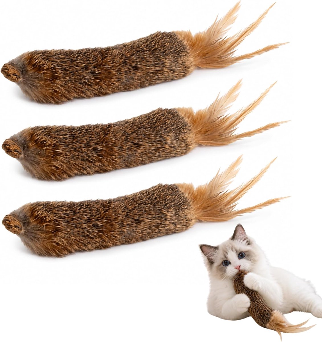 3 stuks kattenspeelgoed met galvrucht en veren, wollig pluche speelgoed voor binnen katten om te jagen en te grijpen