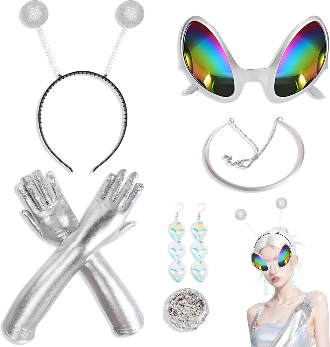 Kostuum Dames, 6 Stuks Alien Accessoires, Aliens Haarband met Bril Oorbellen Ketting Zilveren Lange Handschoenen en Glitter voor Carnaval Halloween Maskerade Feestaccessoires