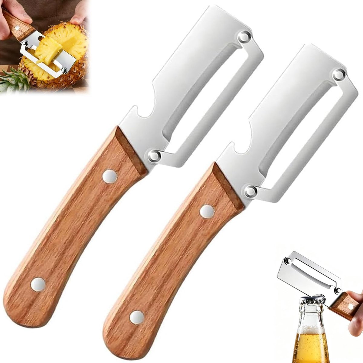 Set van 2 multifunctionele groenteschiller met houten handvat van roestvrij staal, 2-in-1 dunschiller en fruitaardappelschiller, scherpe peeler gereedschap voor groenten en fruit, incl. flesopener