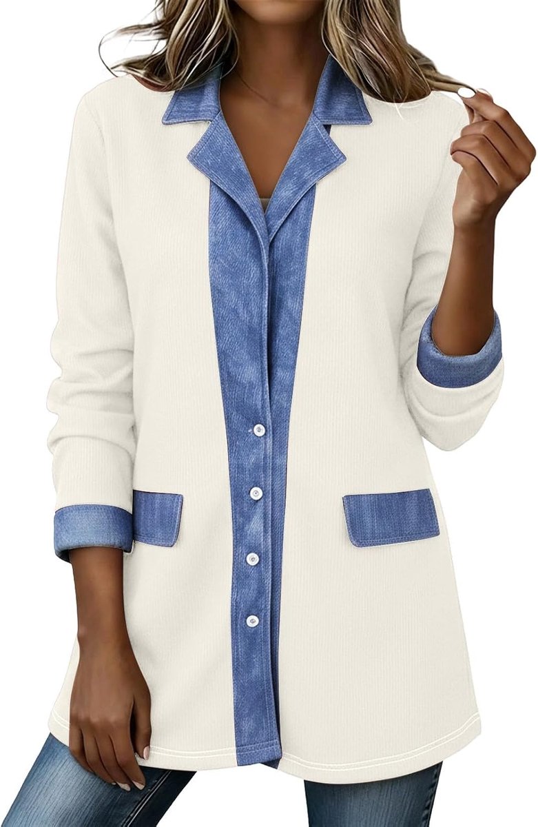 Oversized gebreide jas, middellang, van denim, met patchwork-revers en contrasterende kraag, casual grof gebreide bovenkleding