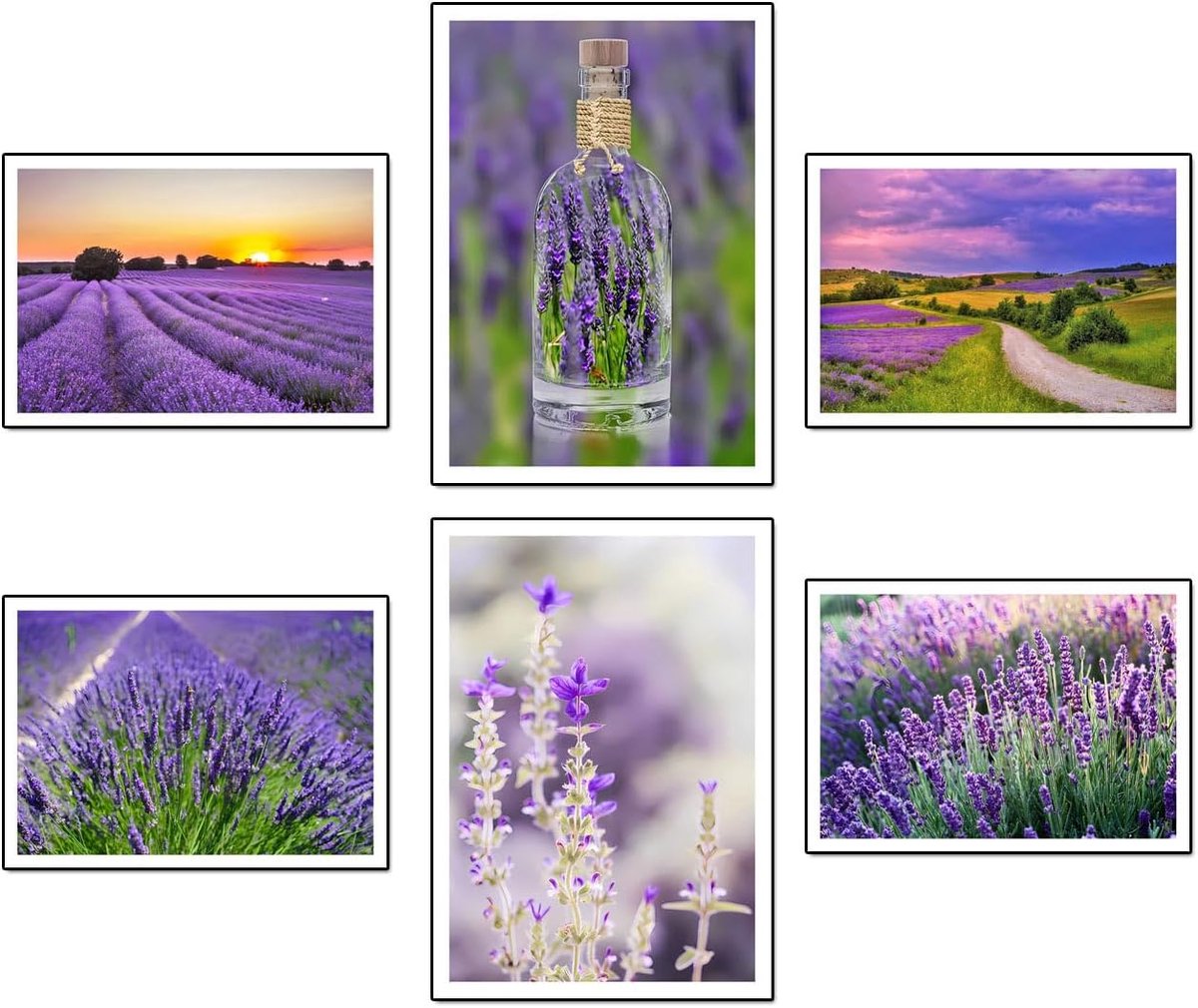 Set van 6 foto's op houtbasis, decoratie voor moderne woonkamer, slaapkamer, kamer, landschap, natuur, velden, lavendel Brihuega, met metalen hangers (38 x 29 cm per afbeelding)