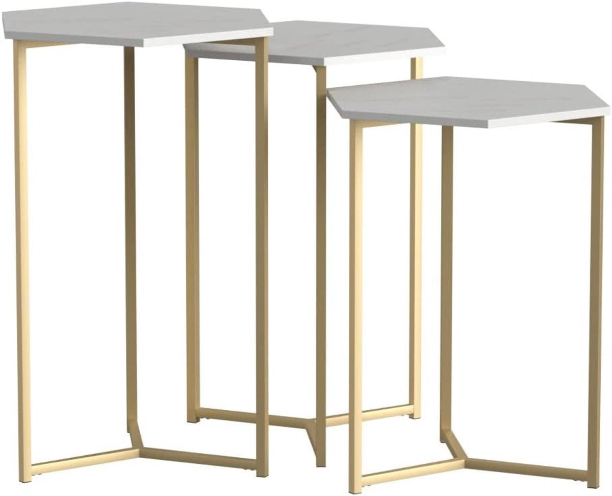 Furniture AF16HEX3DW Modern hexagon nesting side end-table set Living Room Set Of 3 Witte marmer, goud