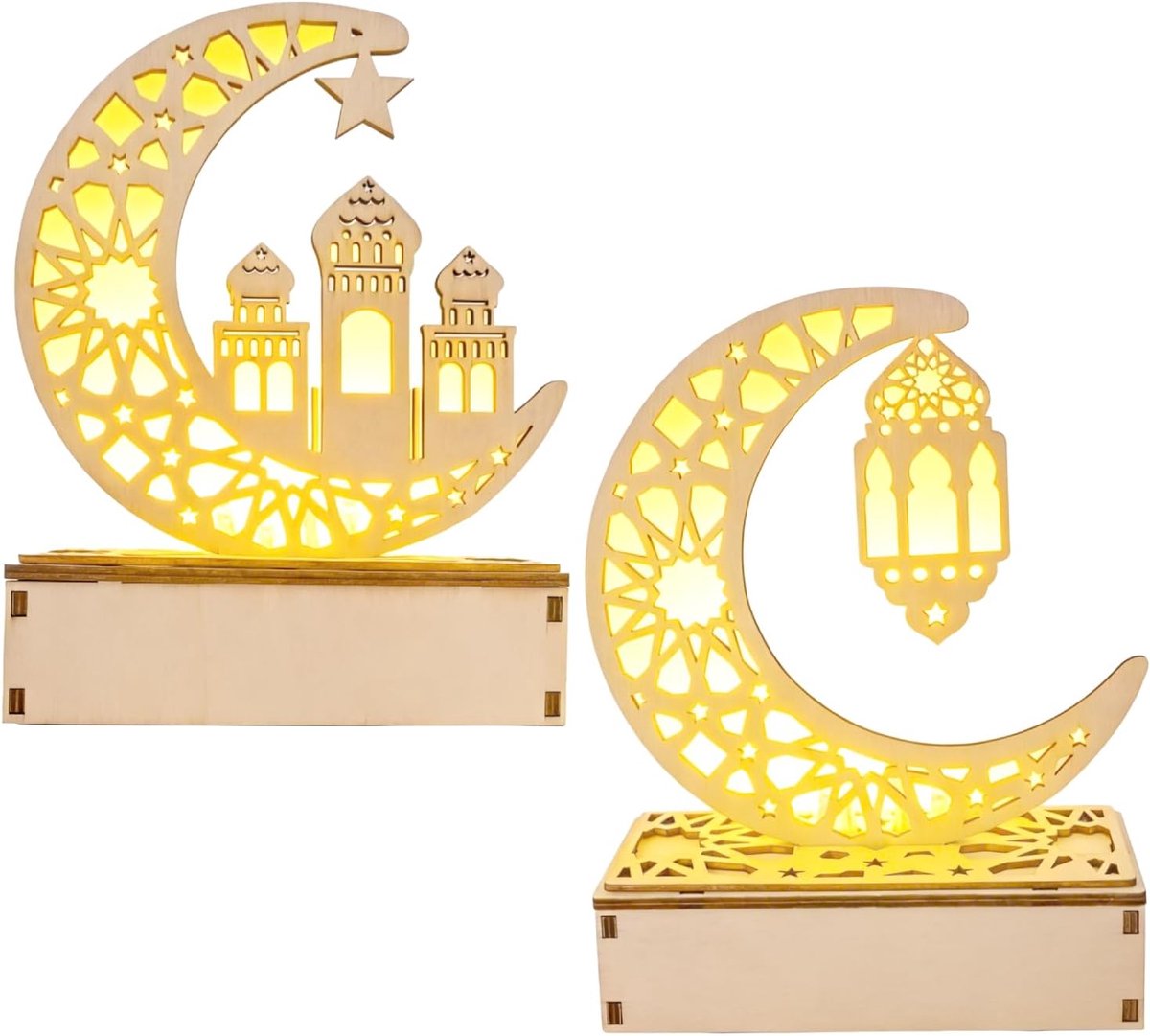 2 stuks Ramadan-decoratie, Ramadan-tafeldecoratiecadeaus, houten Eid Mubarak-decoratie met halve maan- en sterrenpatroon voor thuis Islam-decoratiefeesten, huis, slaapkamer voor moslims (1)
