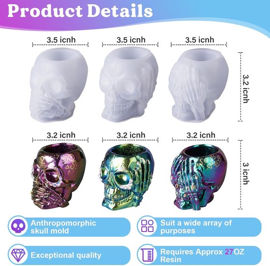 3 stuks siliconen bakvormen 3D doodskop voor epoxyhars, vaasvorm, 3D-ijsblokjes van siliconen, schedel, Halloween-schedel, doe-het-zelf, siliconen vormen, schedel voor decoratie, huis, handwerk, feest — afbeelding 5