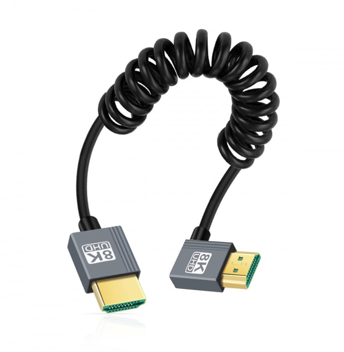 HDMI 2.1-stekker op HDMI-stekker, 8K 60 Hz, rekbaar spiraalkabel, rechthoekig gebogen met 90 graden, voor HDTV, computer, laptop-monitor