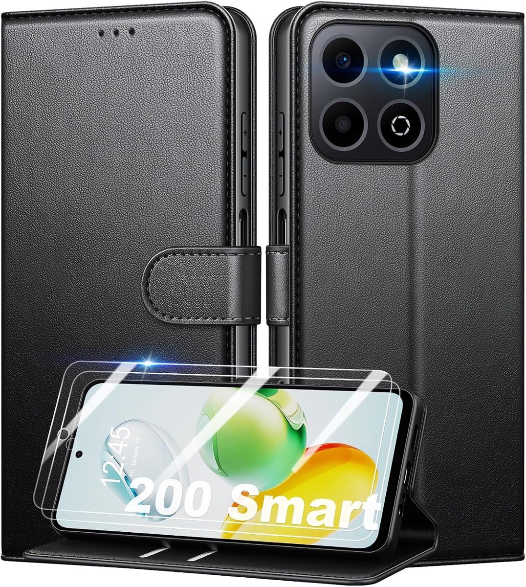 Hoesje voor Honor 200 Smart + schermbeschermer van gehard glas x 2, [RFID-blokkering] Premium PU-lederen flip case portemonnee telefoonhoesje beschermer [kaartsleuven] [kickstand], zwart