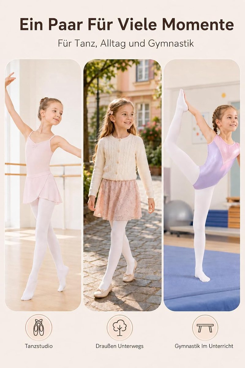 Set van 4 balletpanty's voor meisjes, wit, met voet, voor dans en gymnastiek
