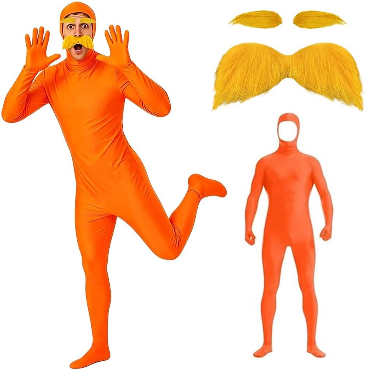 Carnavalskostuum, 3-delig groen scherm pak, oranje, open gezicht, cosplay jumpsuit met snor, wenkbrauwen, bodysuit, Lor-ax-kostuum voor heren en dames, voor Halloween, carnaval en