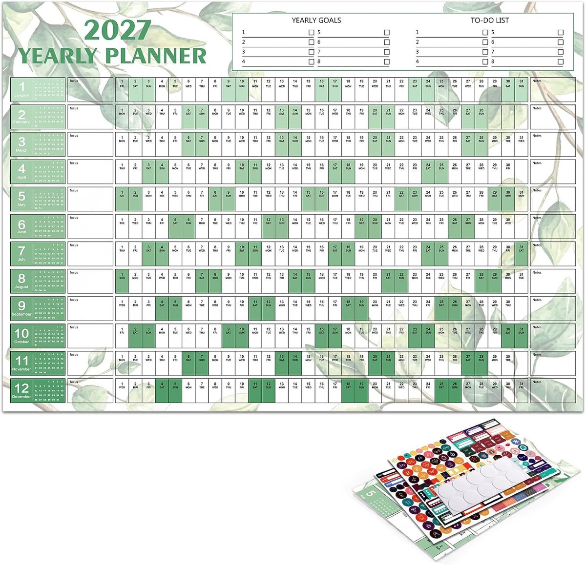 Wandkalender 2027 (74,2 x 52,5 cm), jaarplanner 2027 met stickers voor feestdagen en evenementen, grote wandkalender voor kantoor en thuis, gevouwen posterdesign, groen